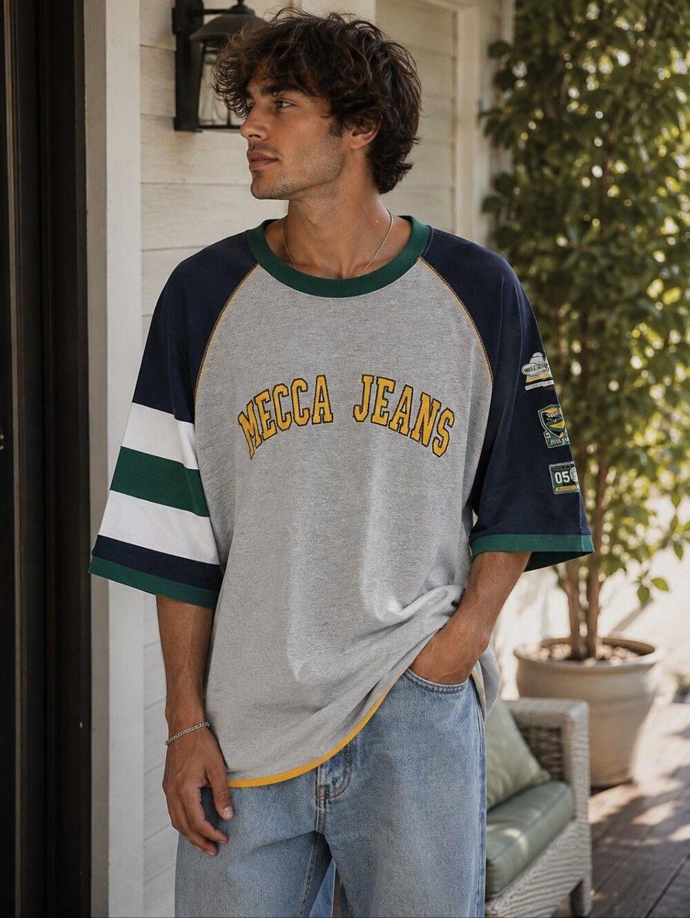 Over Sized mecca Grey Raglan Tee with Navy, Green & Yellow Accents